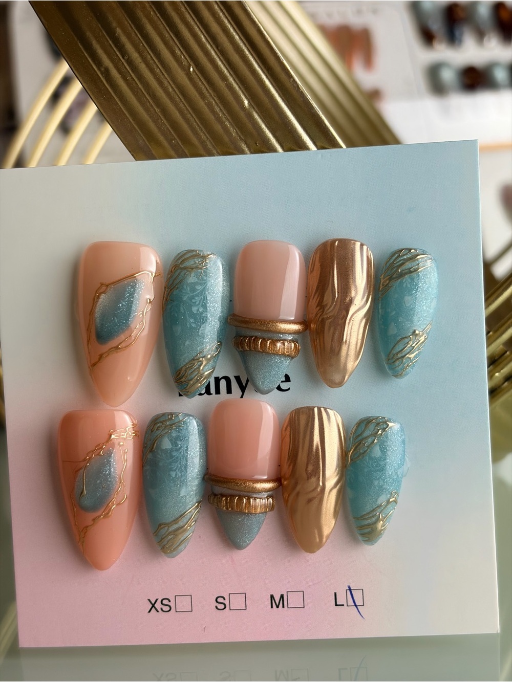 Press-On Nail Set in Peach, Blue, and Gold - Elegant Large